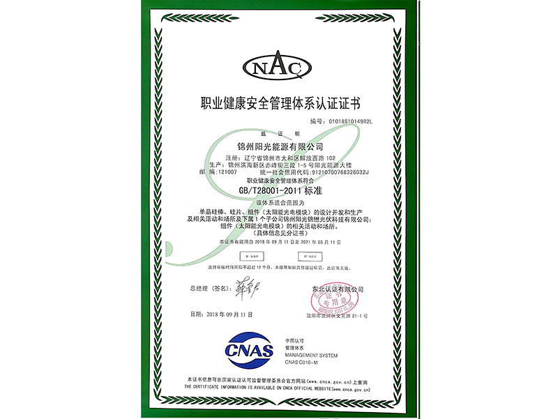 職業(yè)健康安全管理體系認(rèn)証証明書（中國(guó)語）